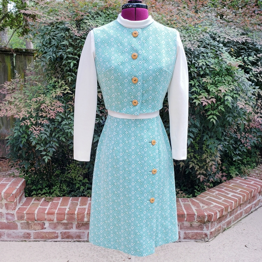 1960s true vintage longsleeve moch turtleneck mod dress and vest set